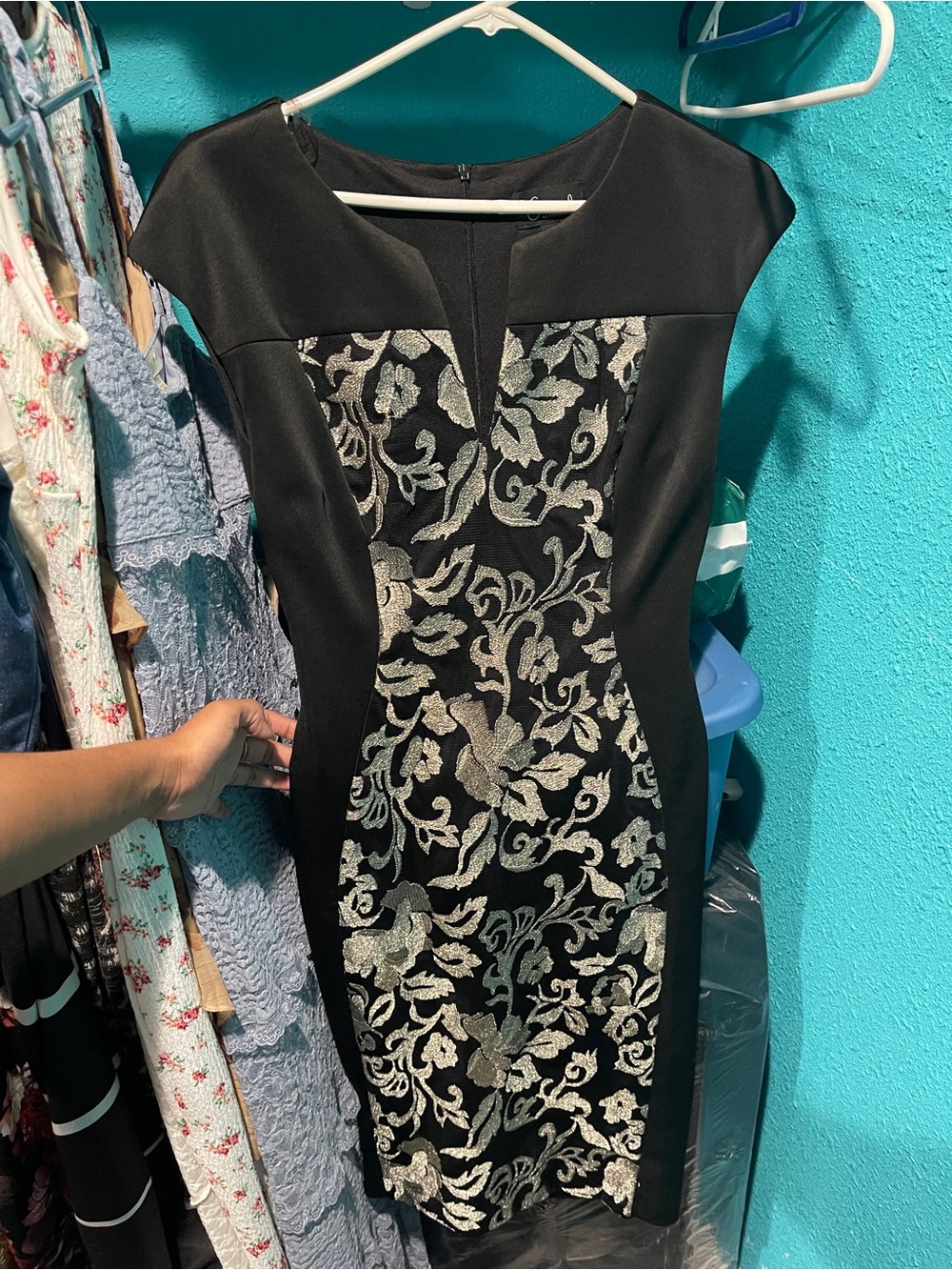 connected apparel Black Dress with Silver Floral Panel
